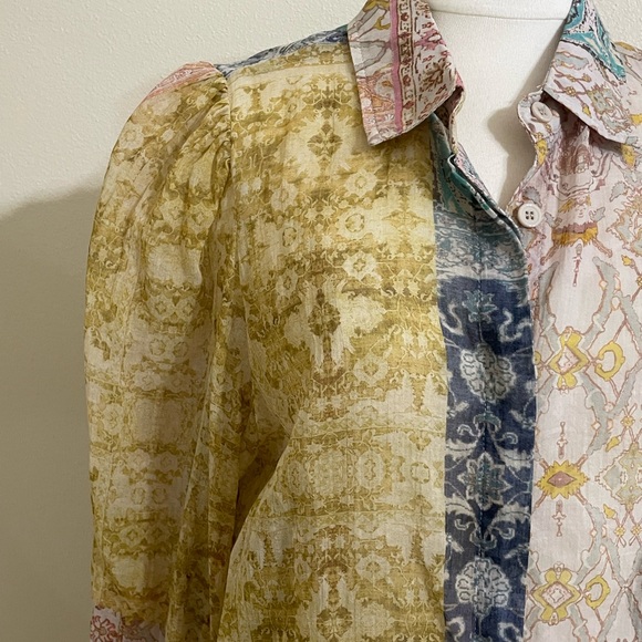 New Olivaceous Boho Semi-sheer Faded Patchwork Button Down Blouse Large - Picture 3 of 10